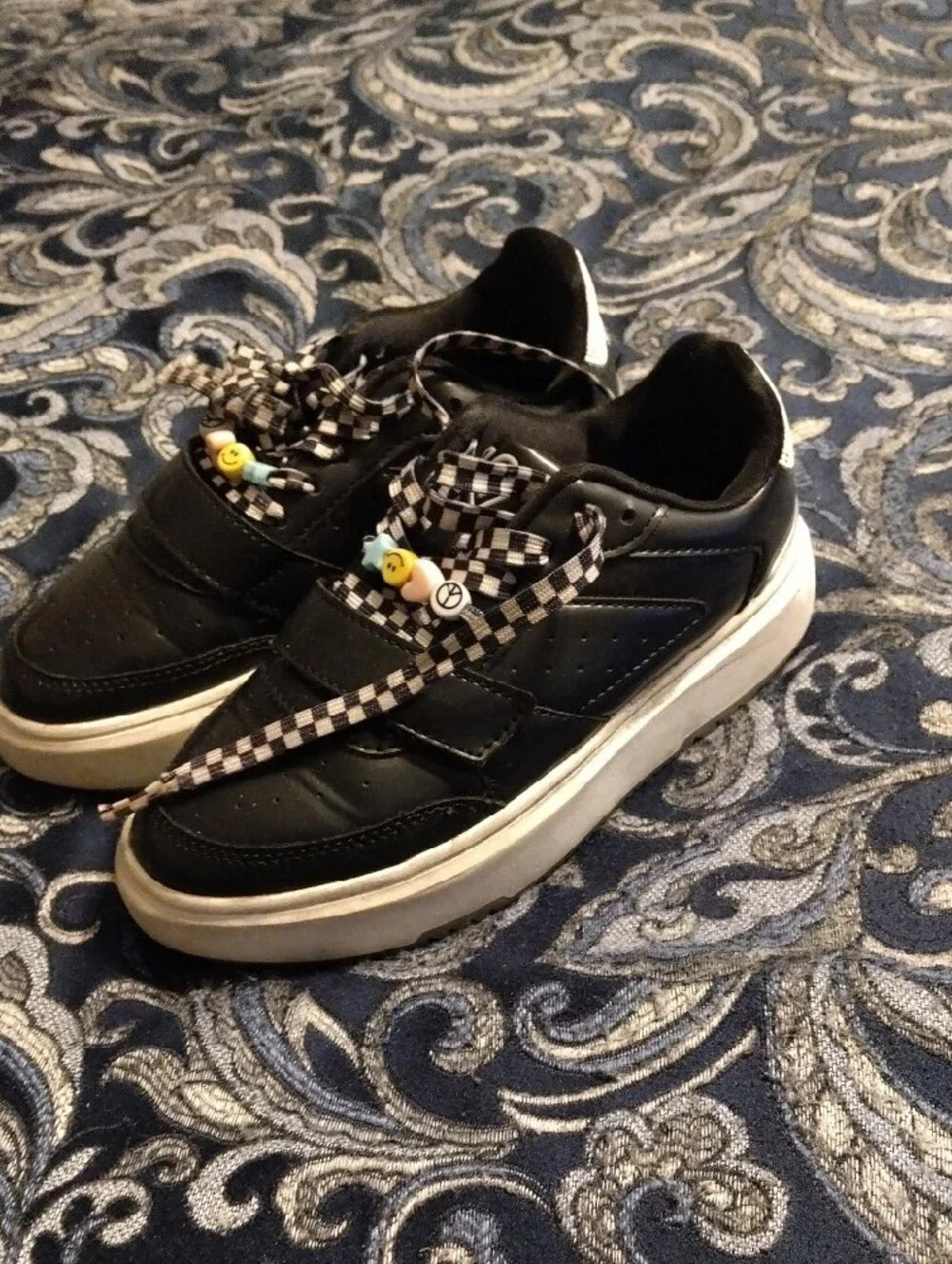 Justice Black Sneakers with Checker Laces and Bead Accents